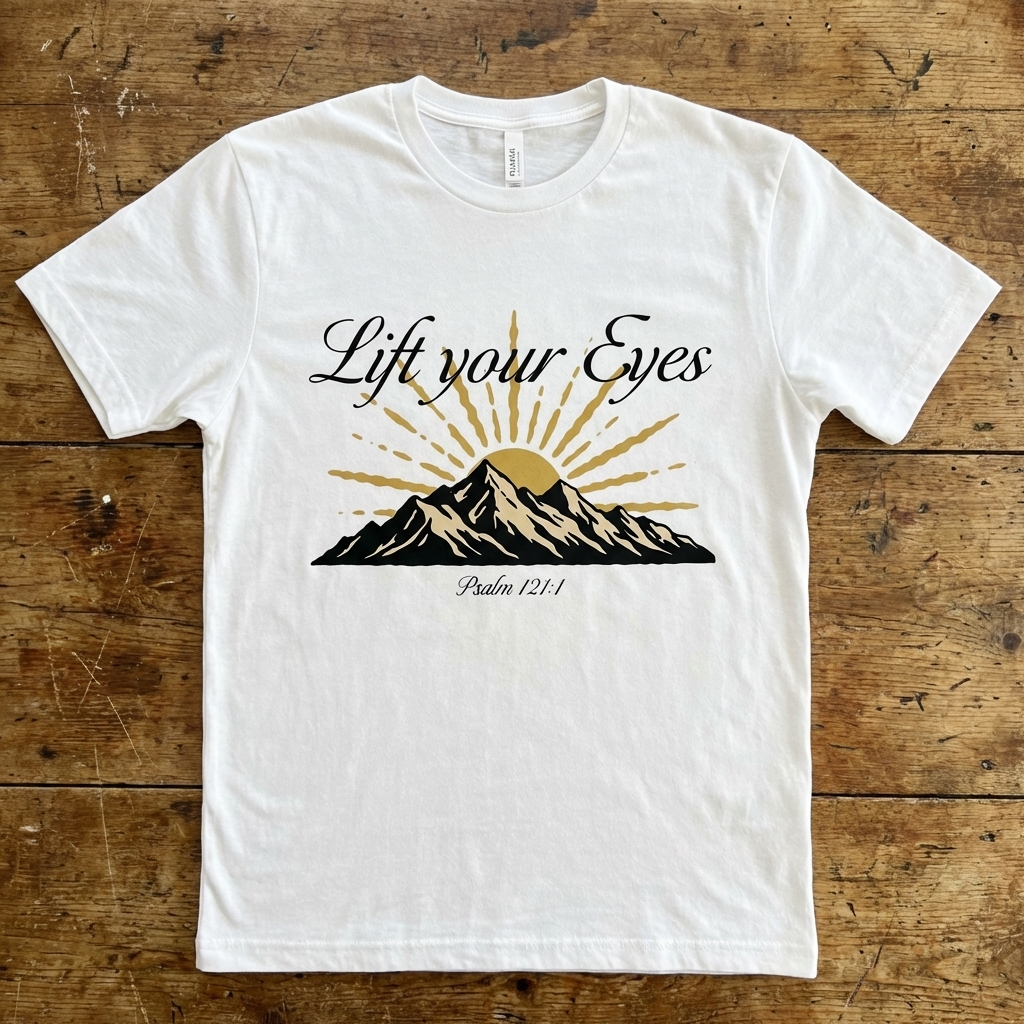 White t-shirt with mountain and sun design on a wooden surface