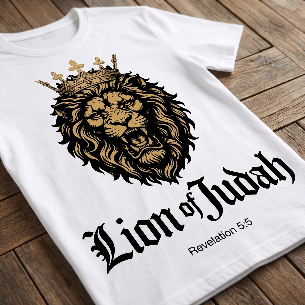 White t-shirt with a lion graphic and 'Lion of Judah' text on a wooden surface