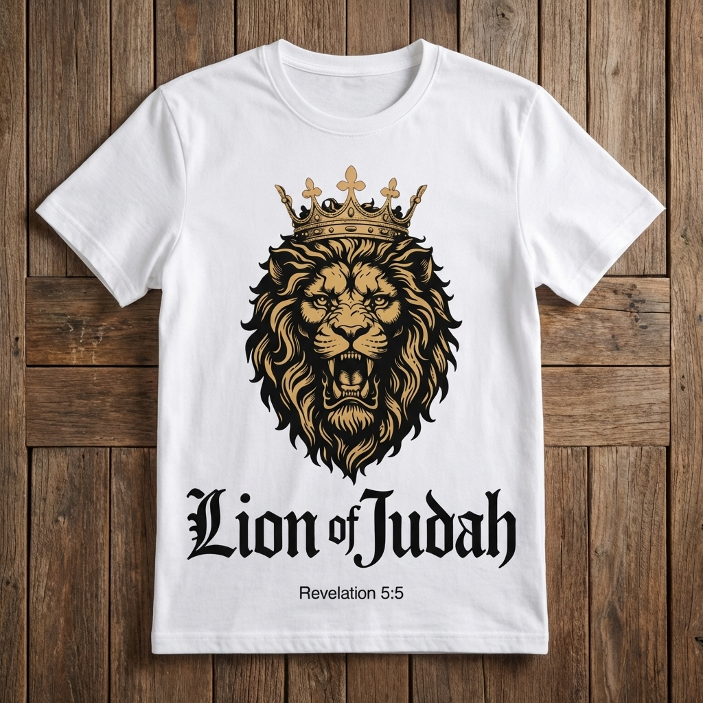 White t-shirt with a lion graphic and 'Lion of Judah' text on a wooden surface