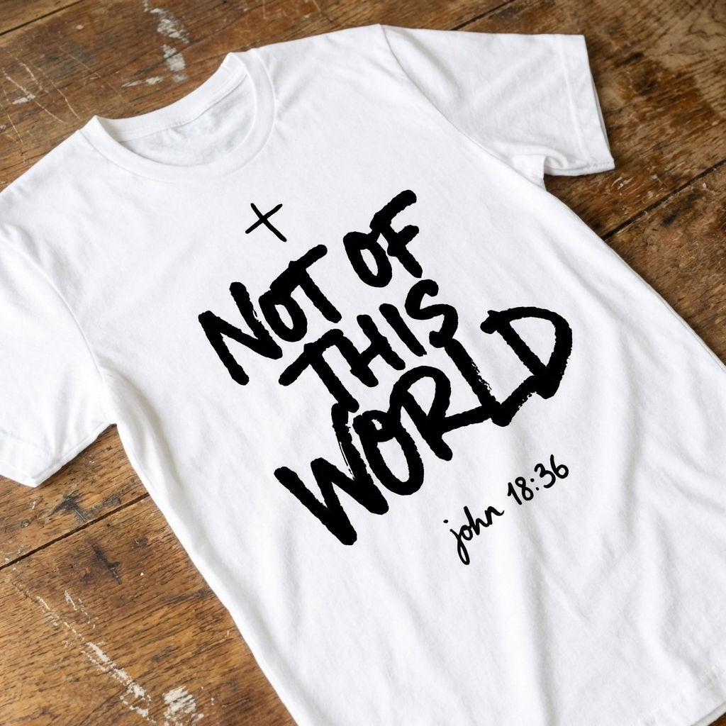 White t-shirt with 'Not of This World' text on a wooden surface