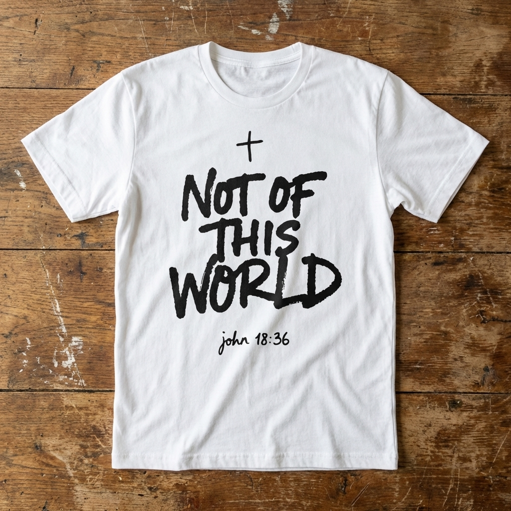 White t-shirt with 'Not of This World' text on a wooden surface