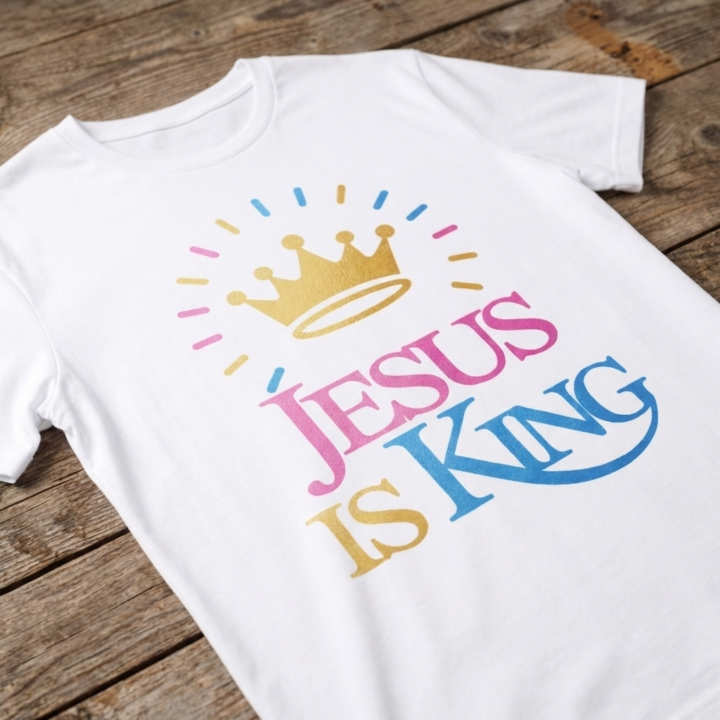 White t-shirt with 'Jesus is King' text and crown graphic on a wooden surface