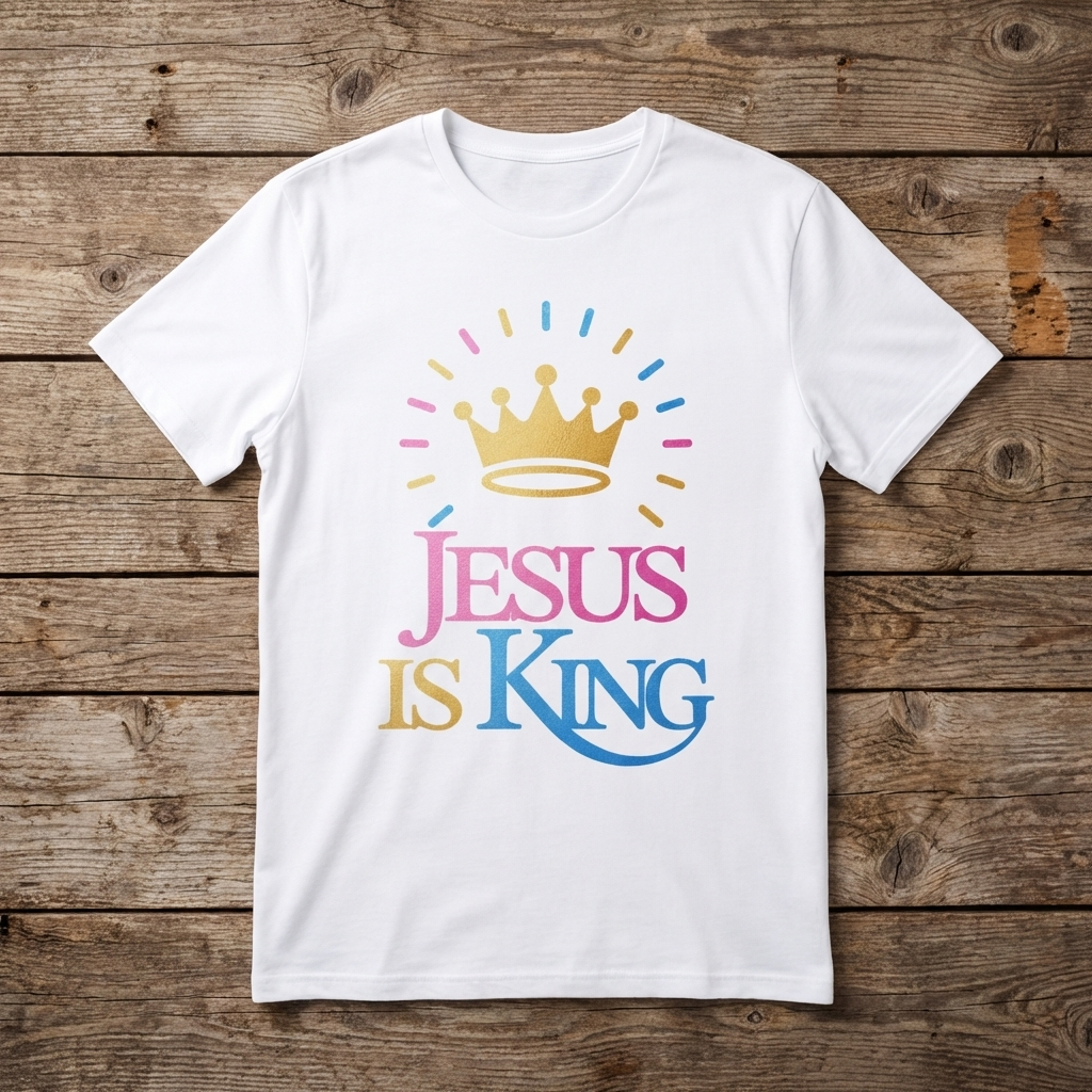 White t-shirt with 'Jesus is King' design on a wooden surface