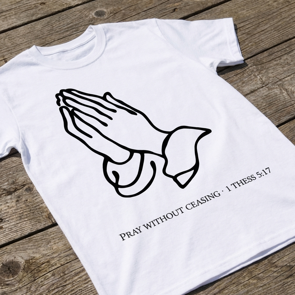 White t-shirt with praying hands graphic and text on a wooden surface