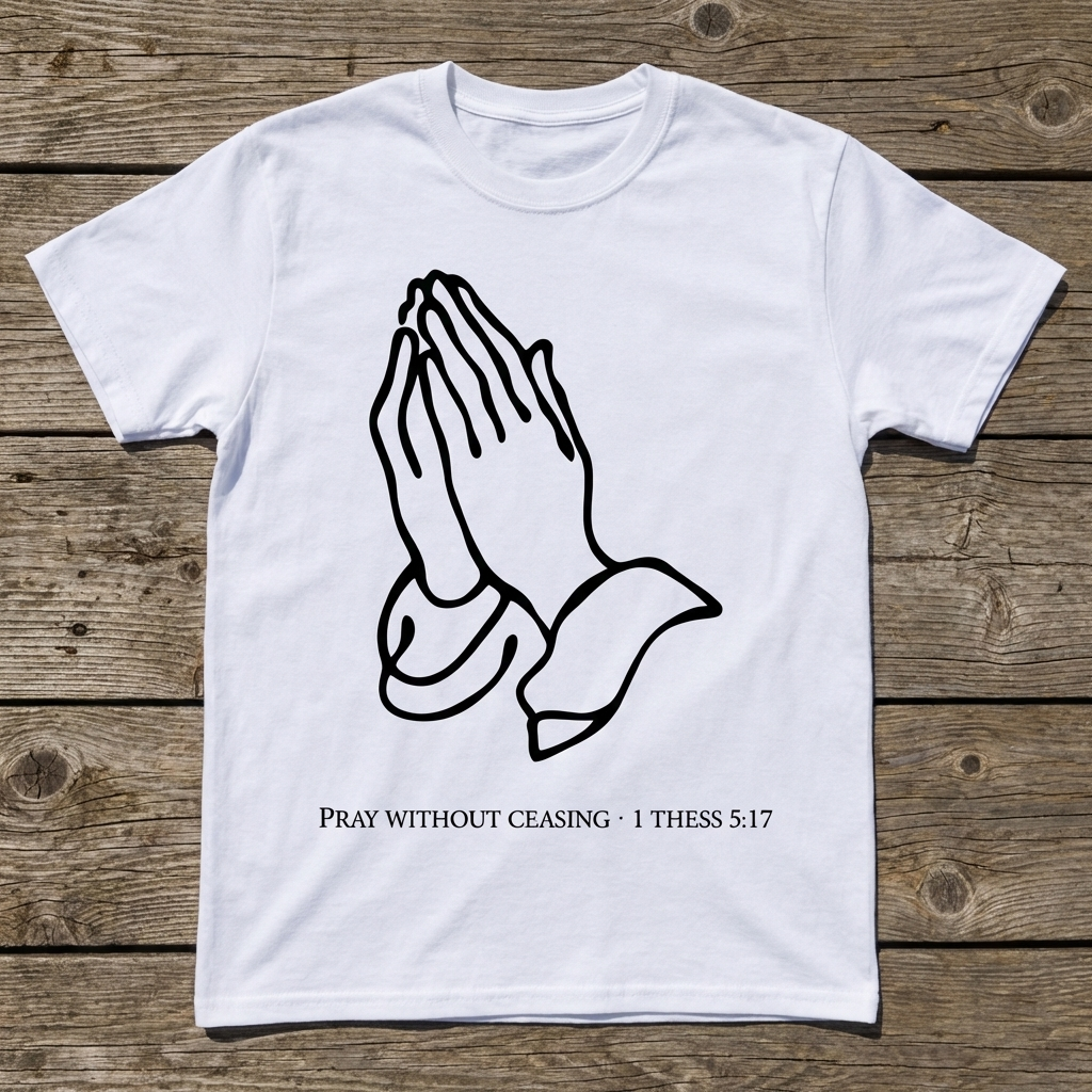 White t-shirt with praying hands design and Bible verse on a wooden surface