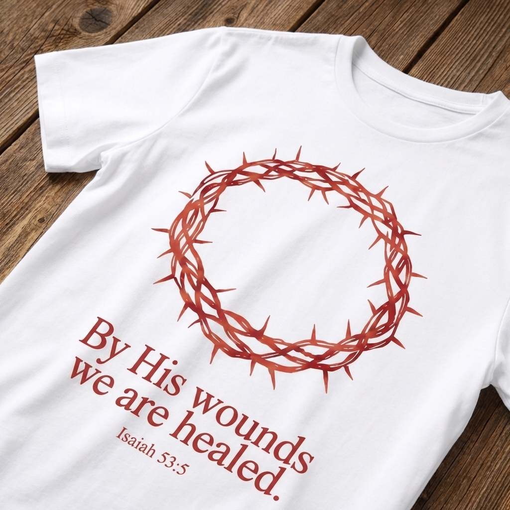 White t-shirt with red crown of thorns and text 'By His wounds we are healed. Isaiah 53:5' on a wooden surface