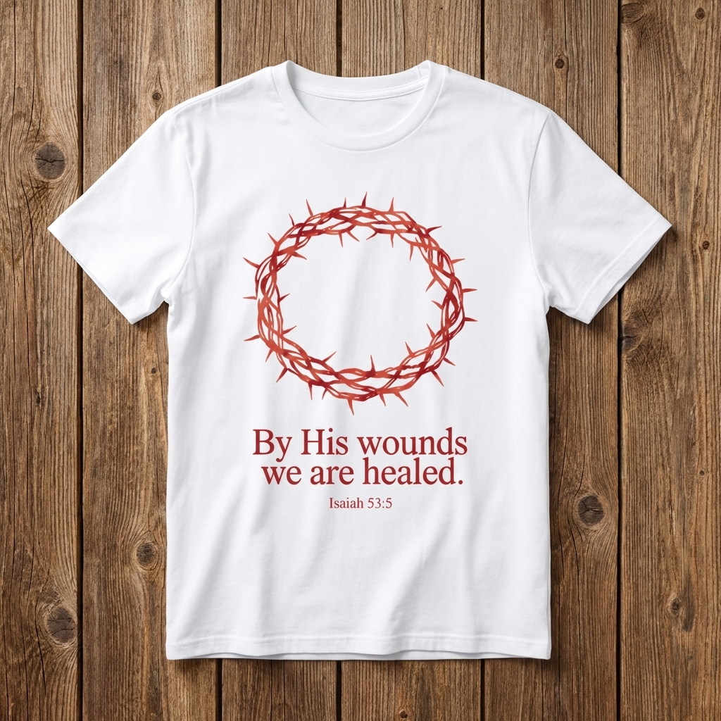 White t-shirt with red crown of thorns and text on a wooden background