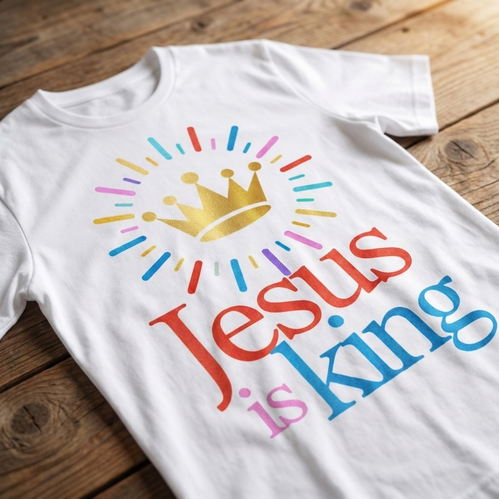 White t-shirt with 'Jesus is King' text and colorful design on a wooden surface