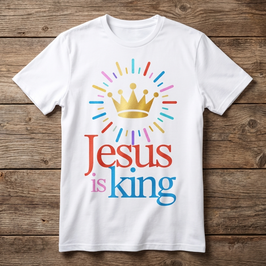 White t-shirt with 'Jesus is King' design on a wooden surface