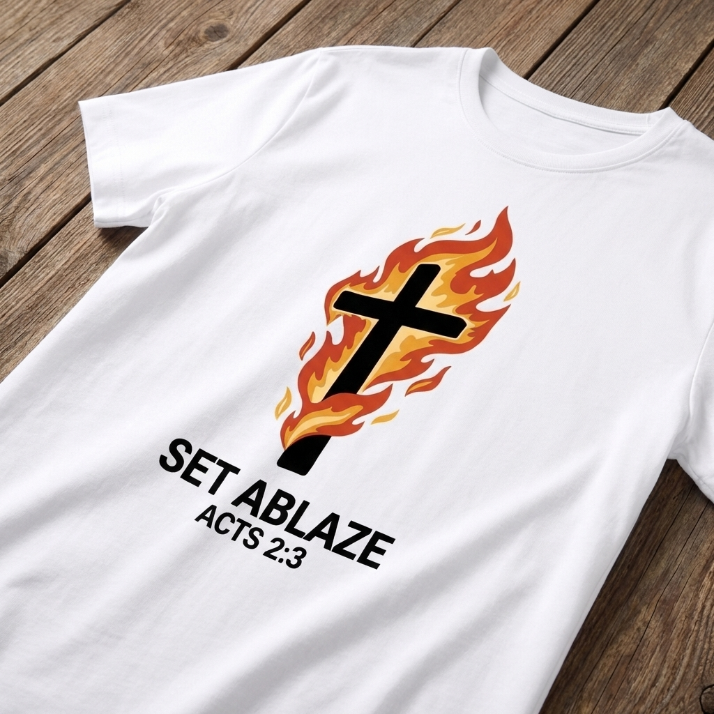 White t-shirt with a flaming cross design and text on a wooden surface
