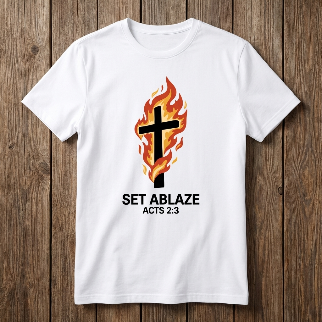 White t-shirt with a cross and flame design on a wooden background