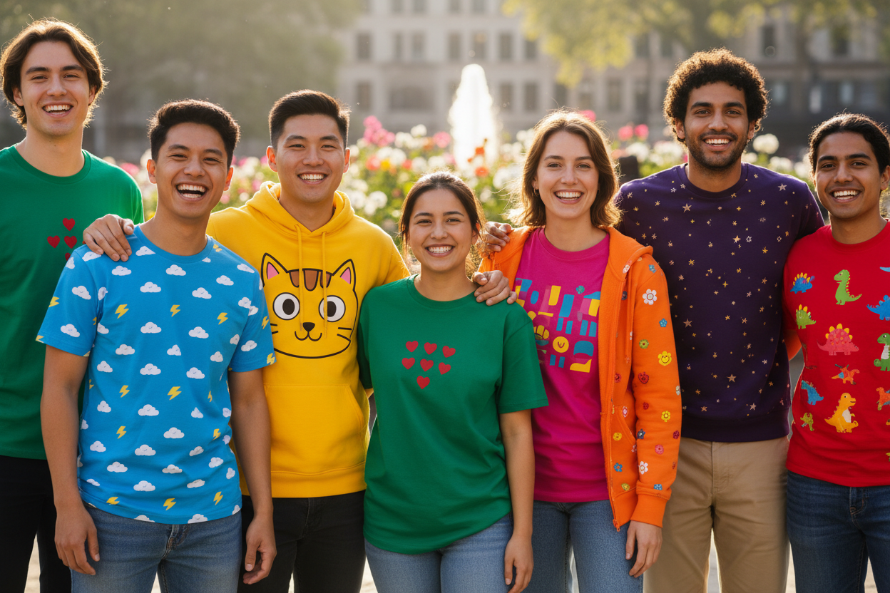 一群年轻人，身穿不同色彩的T恤和卫衣，T恤和卫衣的胸口花纹随机可爱一点