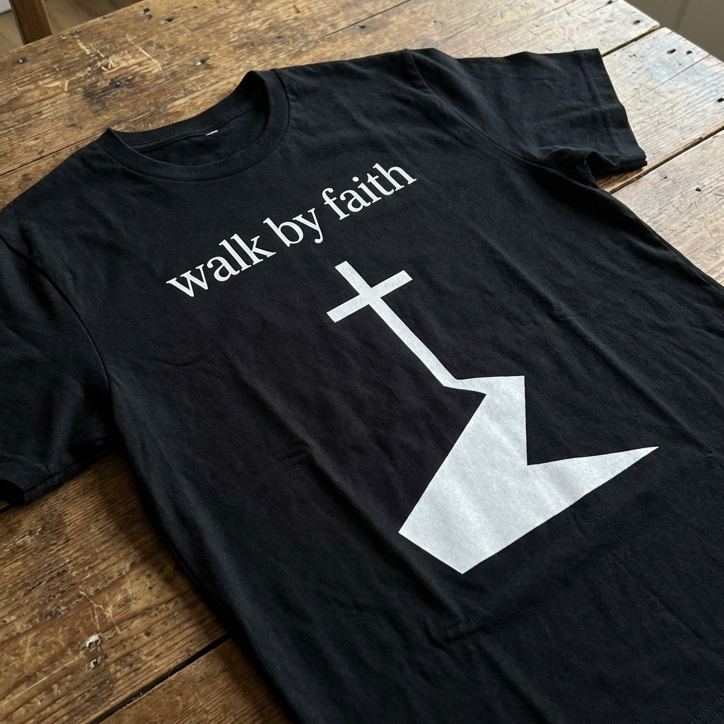 Black t-shirt with 'walk by faith' text and cross design on a wooden surface