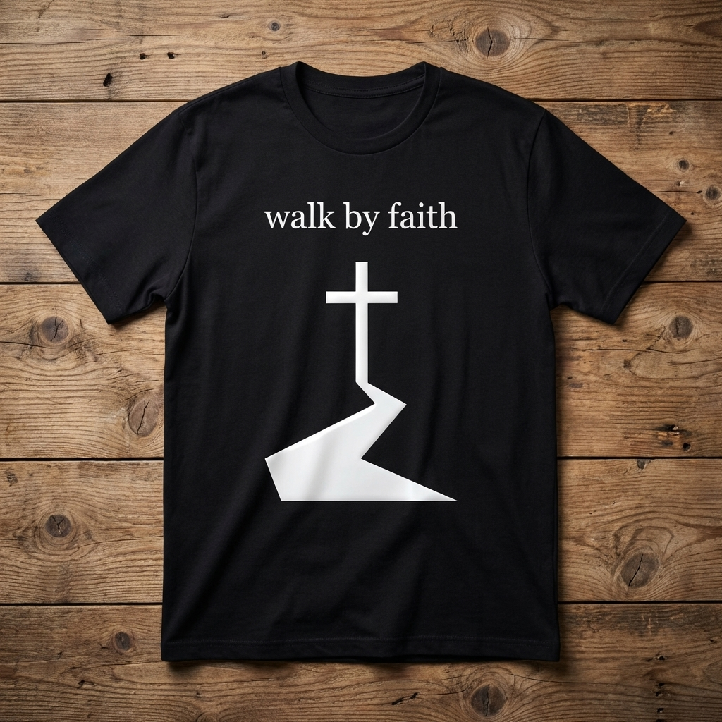 Black t-shirt with 'walk by faith' text and cross design on a wooden surface
