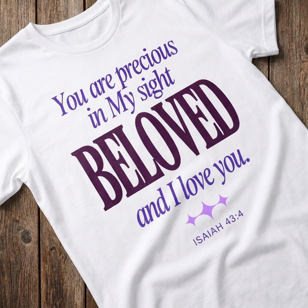 White t-shirt with purple text on a wooden surface