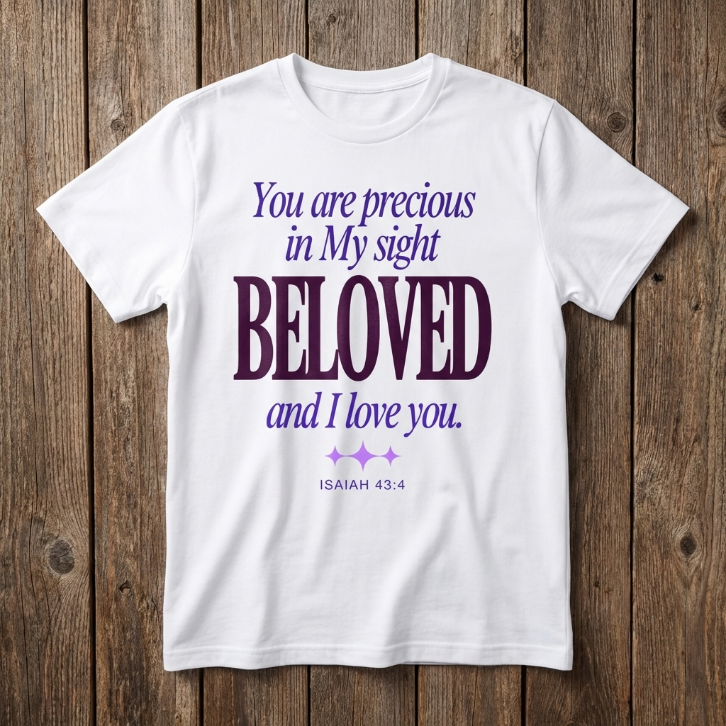 White t-shirt with purple text on a wooden background